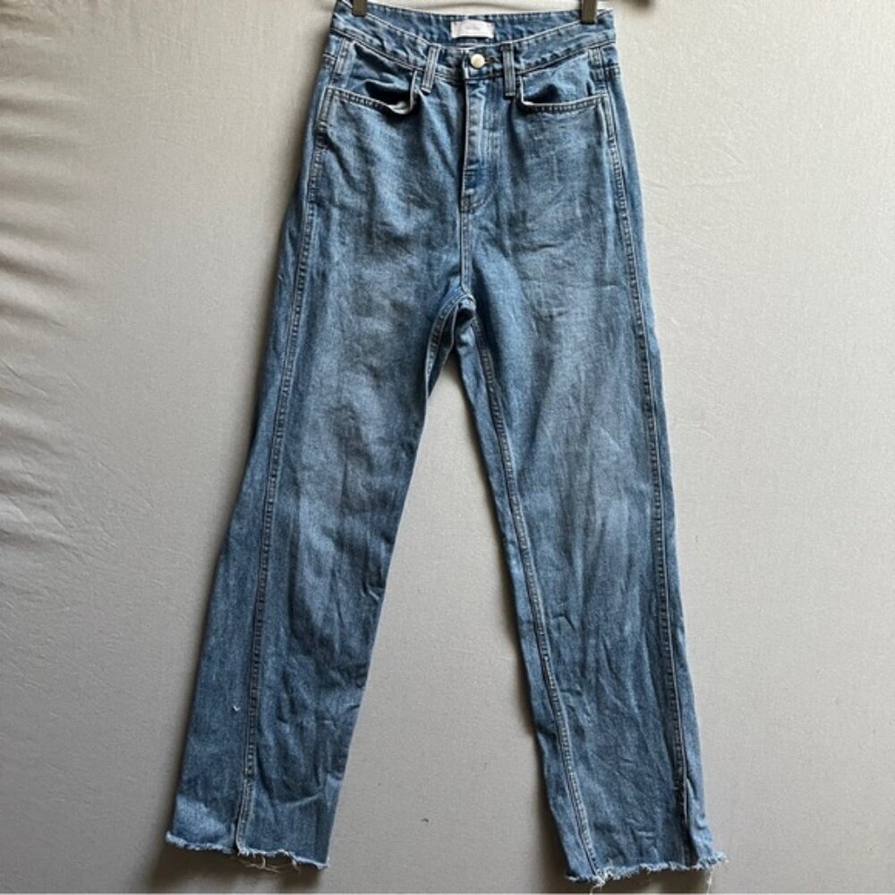 Oak + Fort High Waisted Straight Leg Frayed Hem Side Slit Jeans Size S